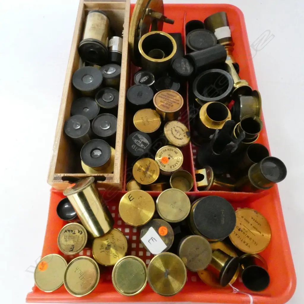 BOX OF ASSORTED MICROSCOPE LENSES AND EMPTY BRASS CANISTERS Image 1++